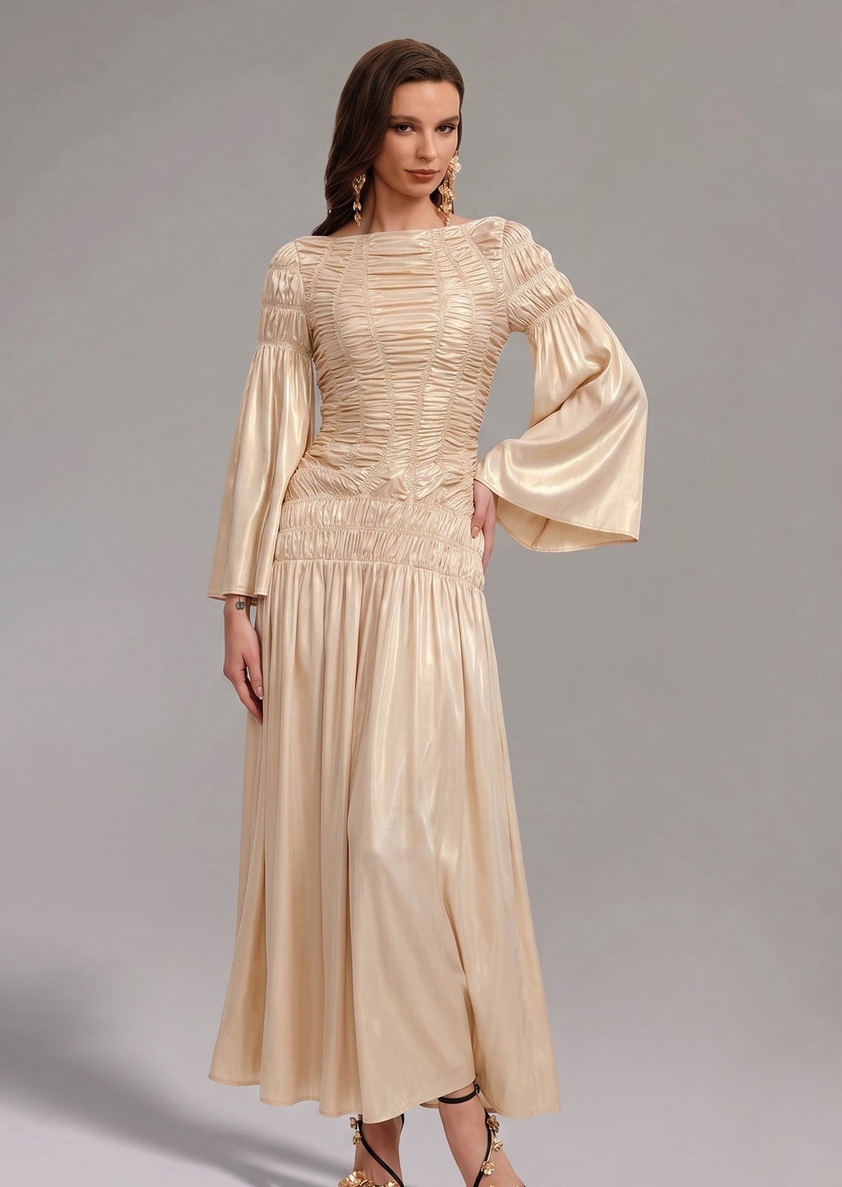 Metallic Elasticated Gathers Maxi Dress In Solid