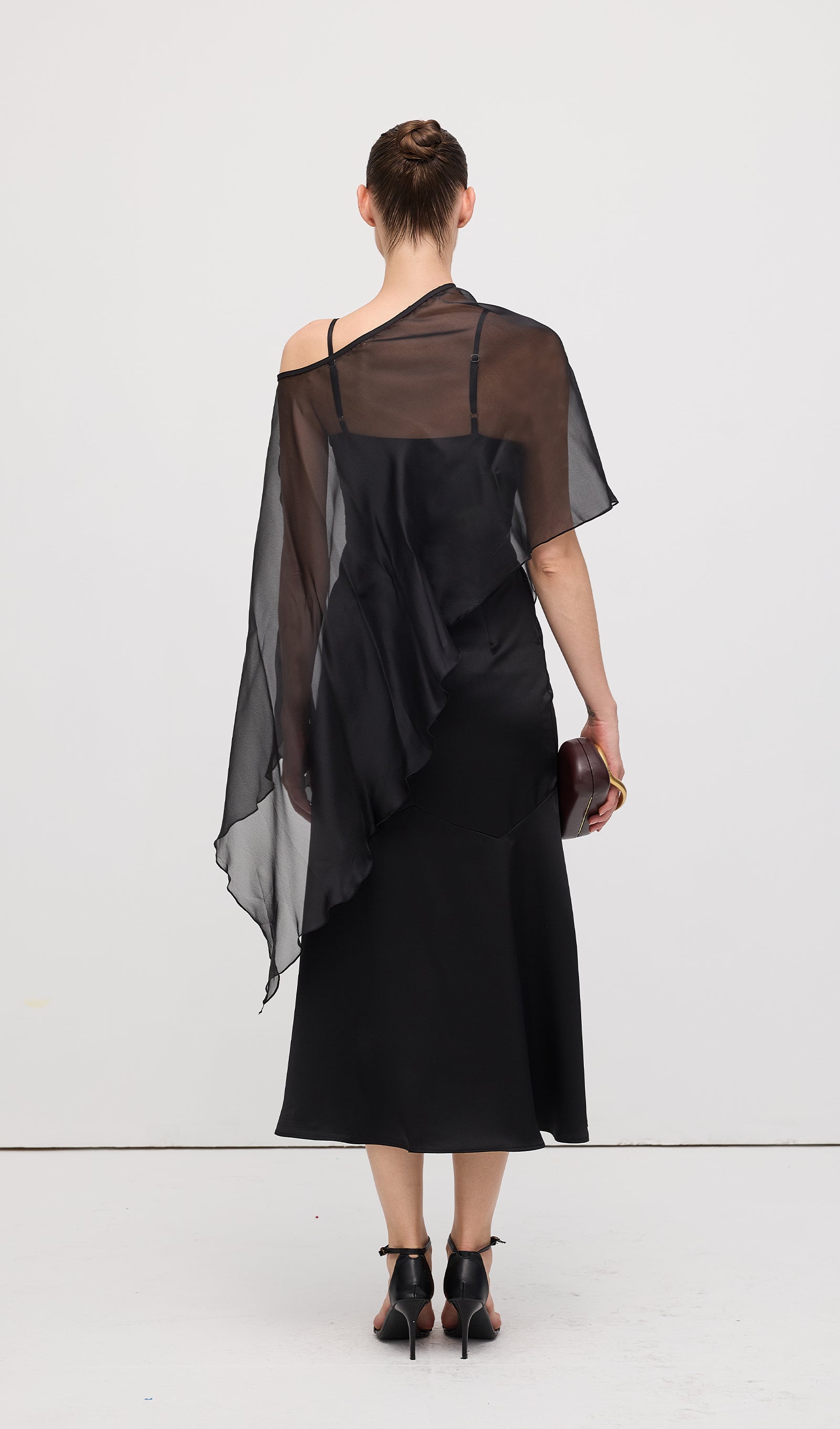 Asymmetric Cape With Satin Midi Dress