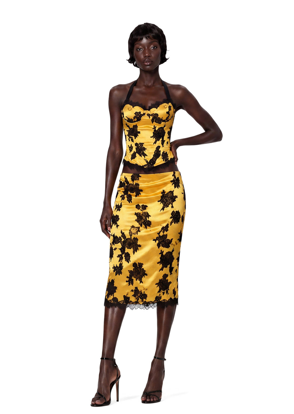 Ufuk Satin Lace Top & Midi Skirt Set In Yellow