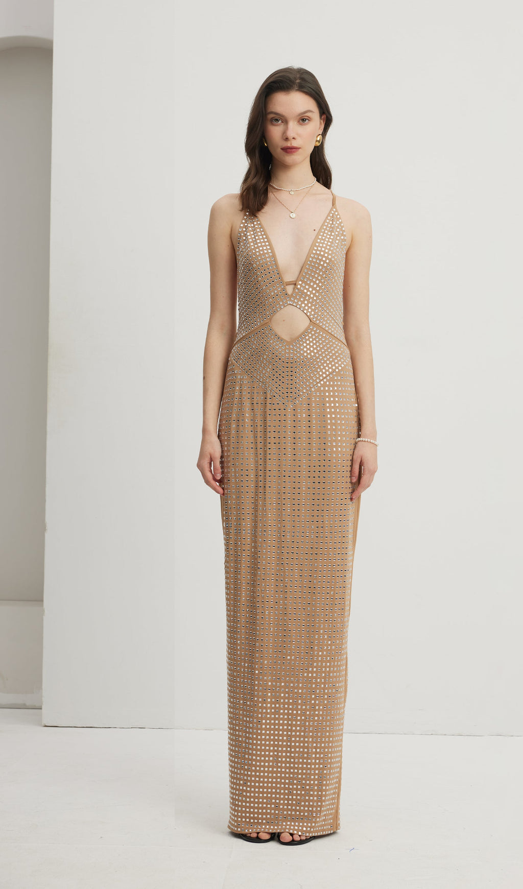 Embellished Cut-Out Maxi Dress Nude