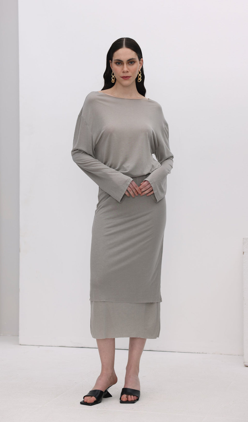 Long Sleeve Midi Skirt Two Piece Sets