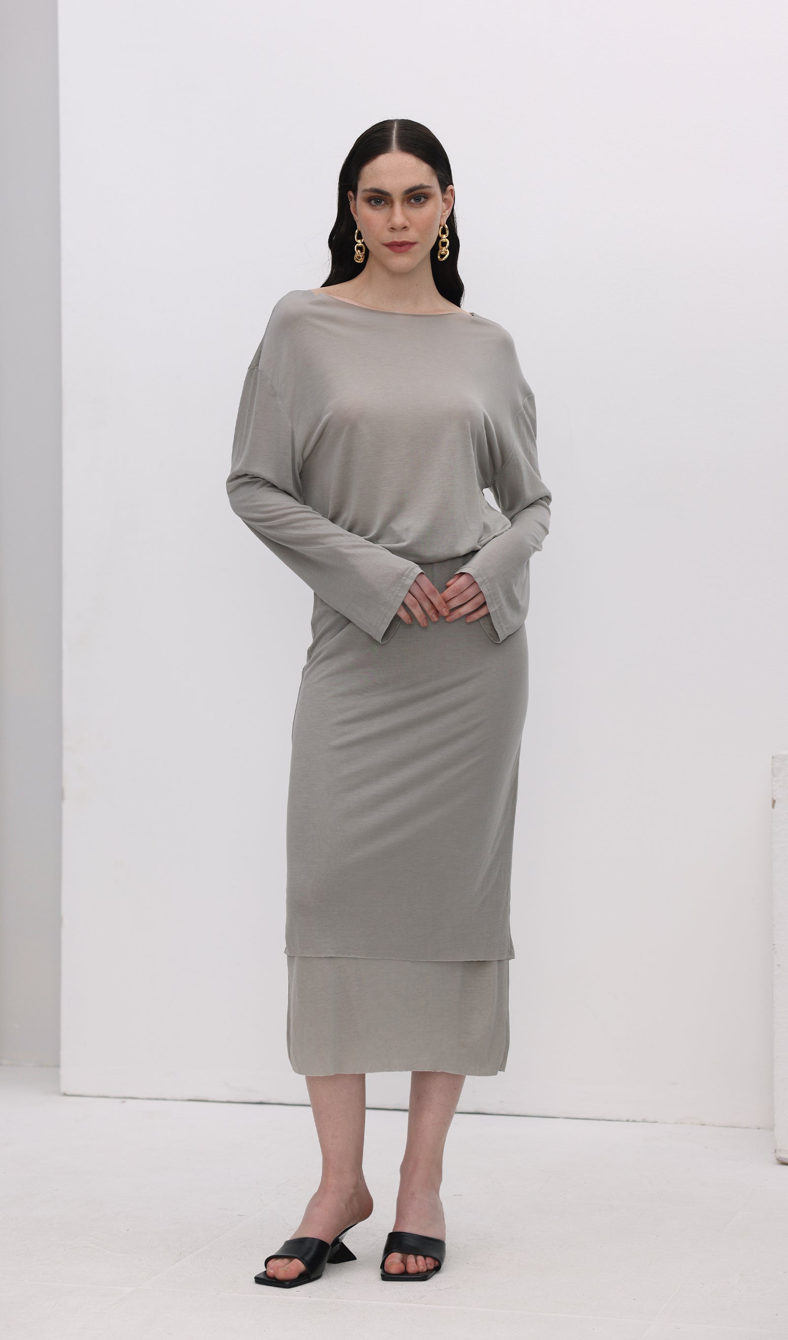 Long Sleeve Midi Skirt Two Piece Sets