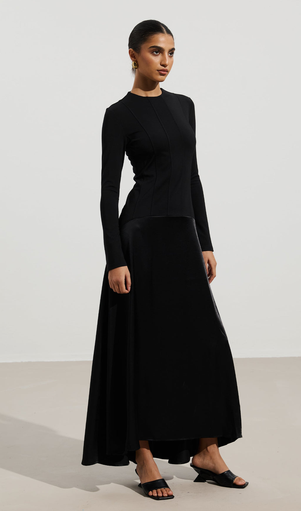 Knitted Satin Maxi Dress In Black
