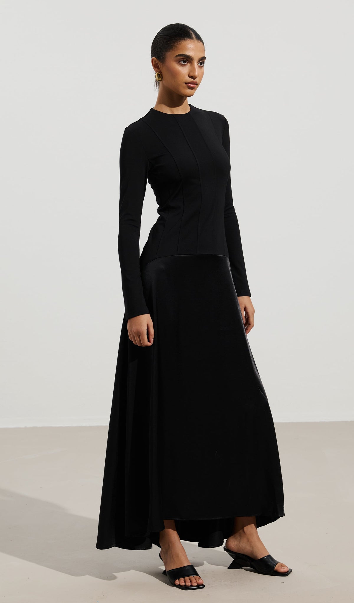 Knitted Satin Maxi Dress In Black