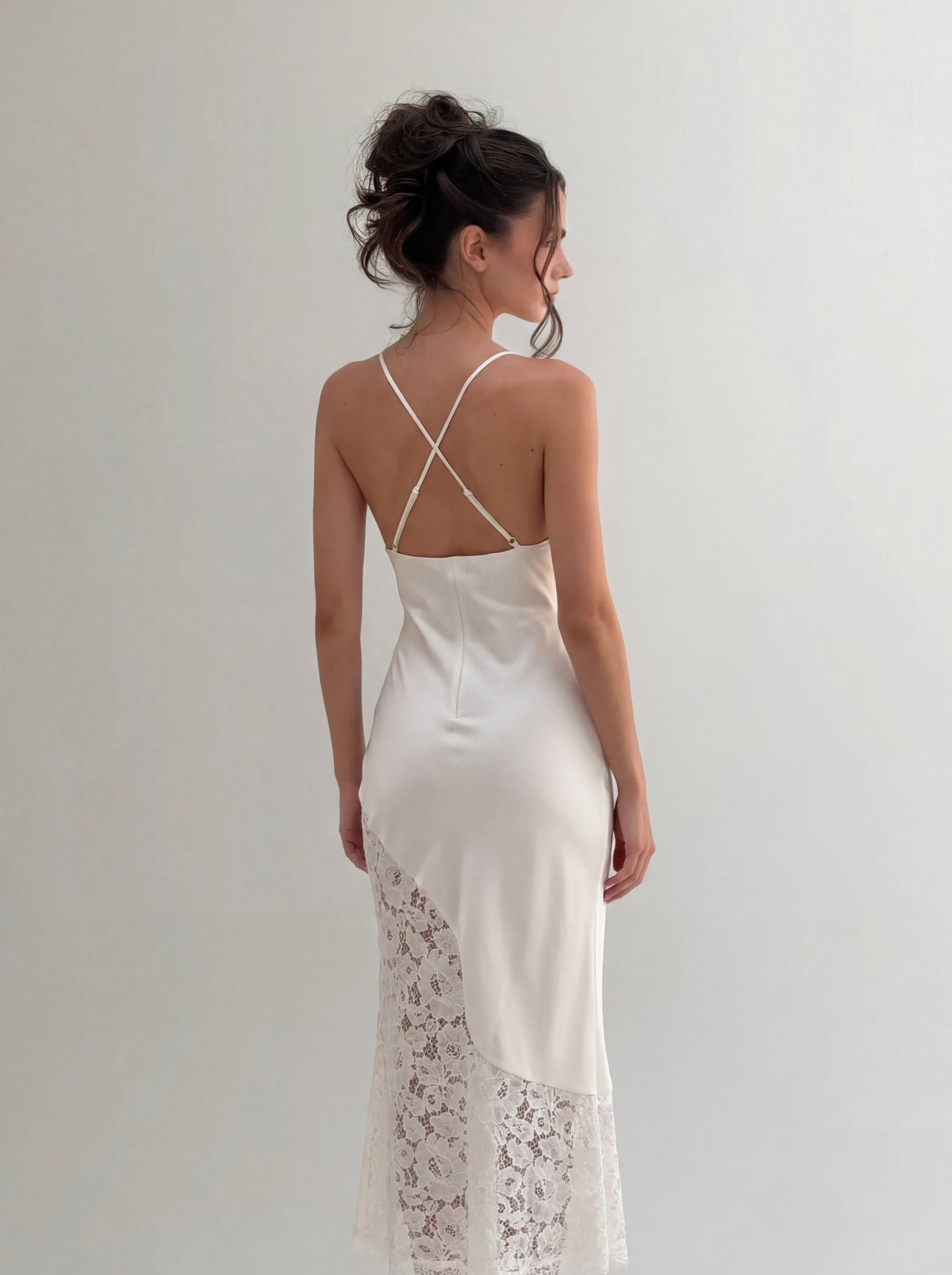 V Neck Satin Maxi Dress With Lace In White