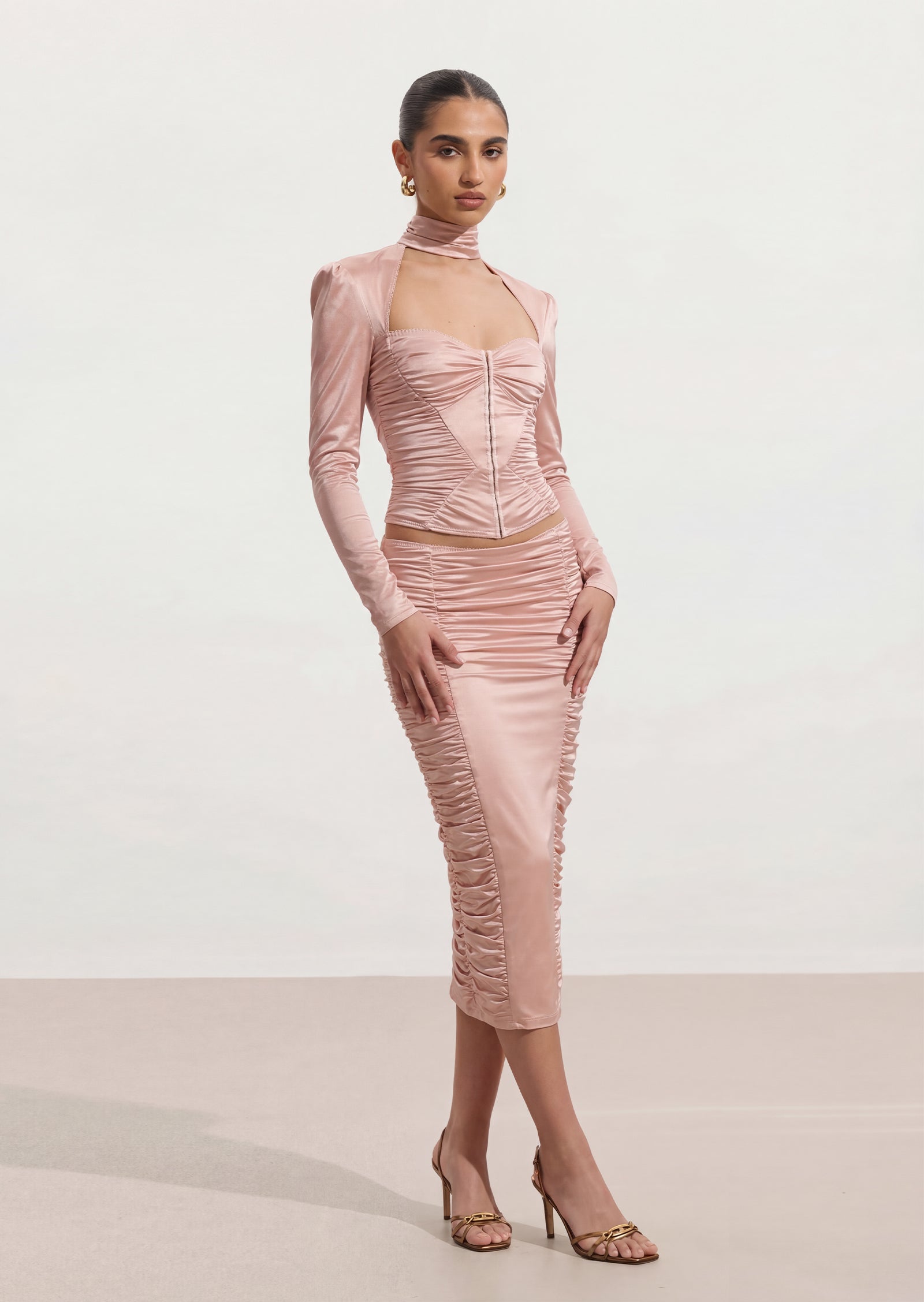 Avital Spandex Corset & Midi Skirt Set In Pink
