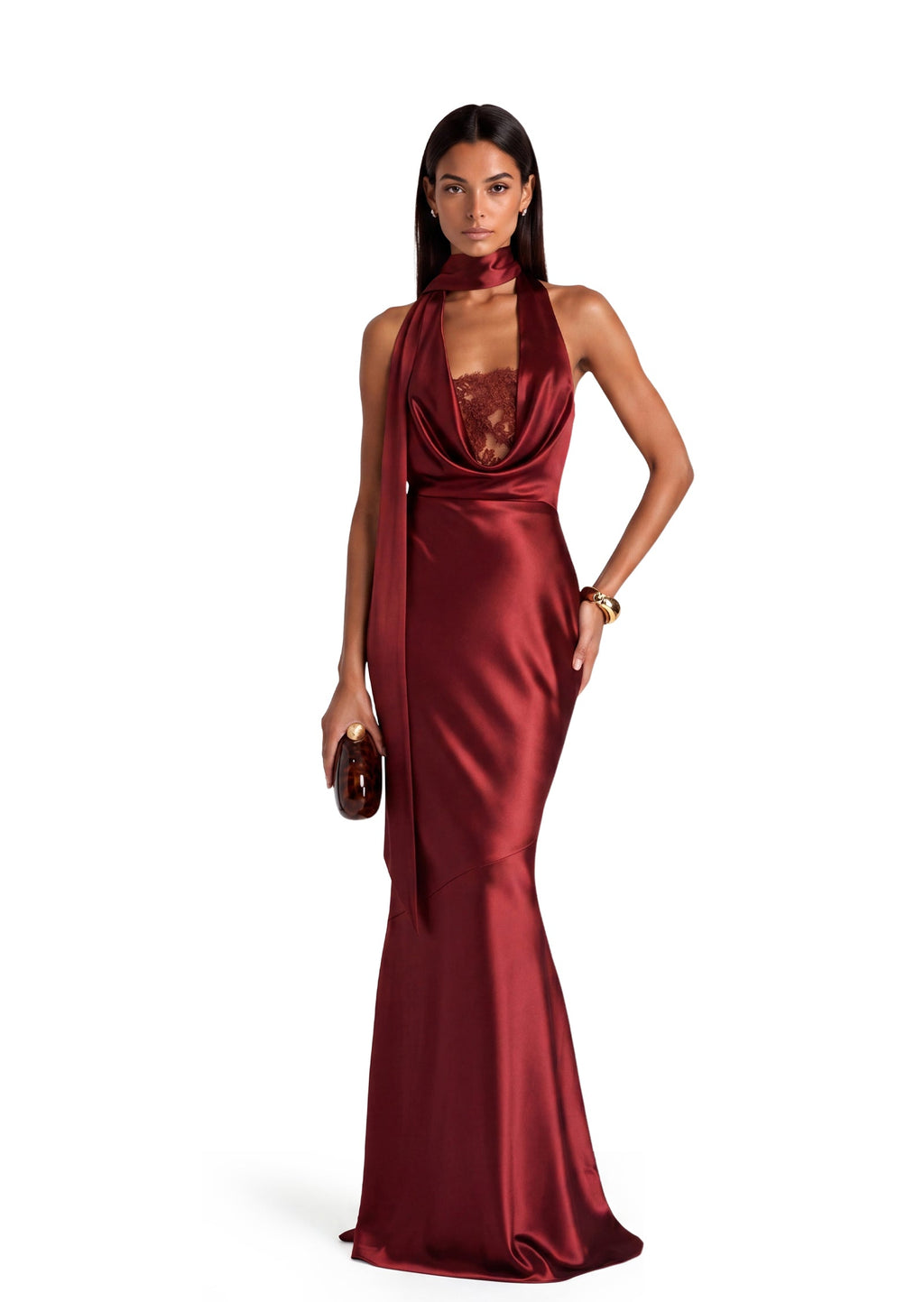 Kaiko Halter Neck Satin Lace Maxi Dress