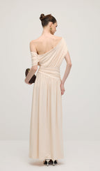 Off Shoulder Pleated Maxi Dress In Dune