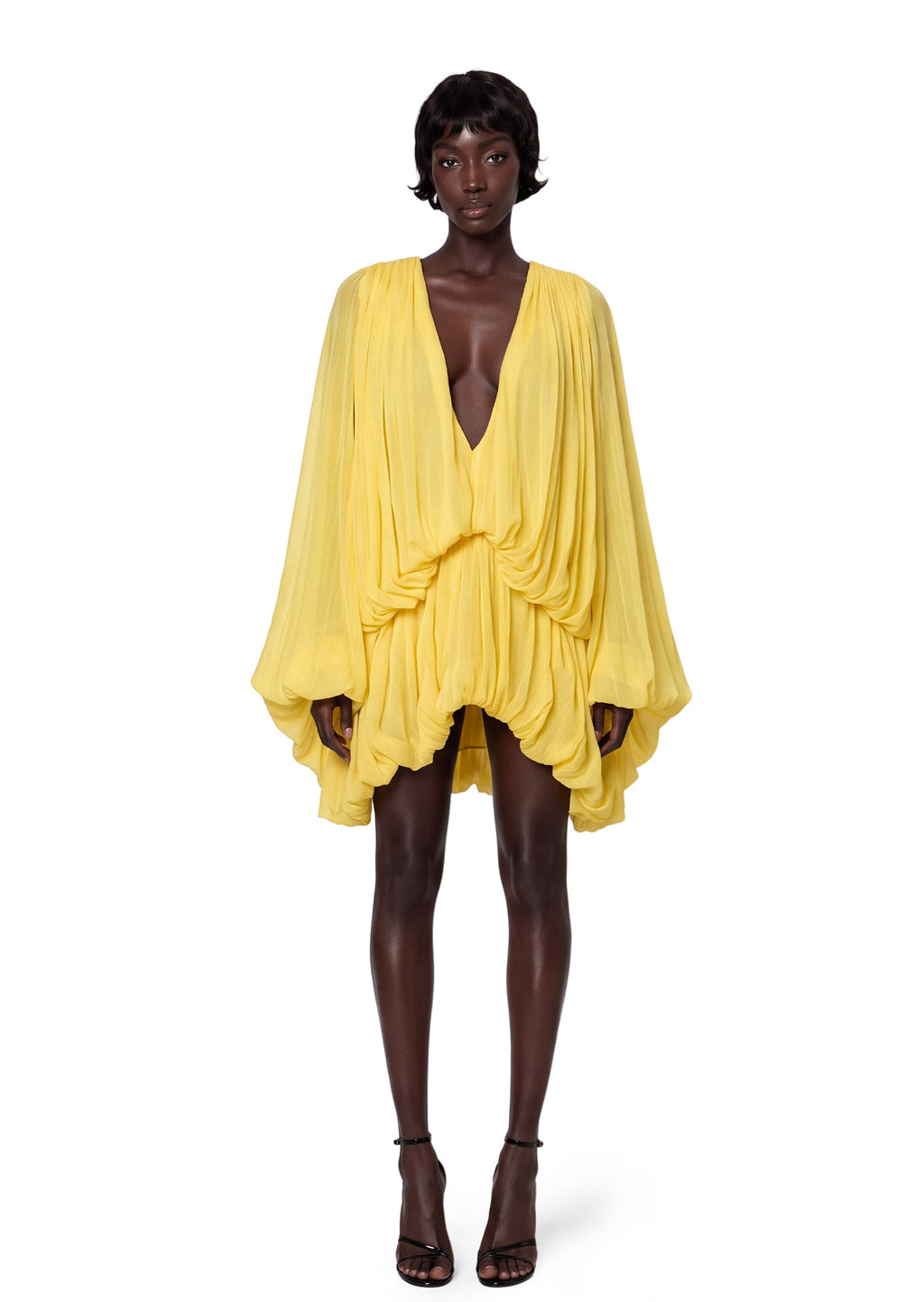 Maame Low Cut Puff Sleeve Mini Dress In Deep Yellow