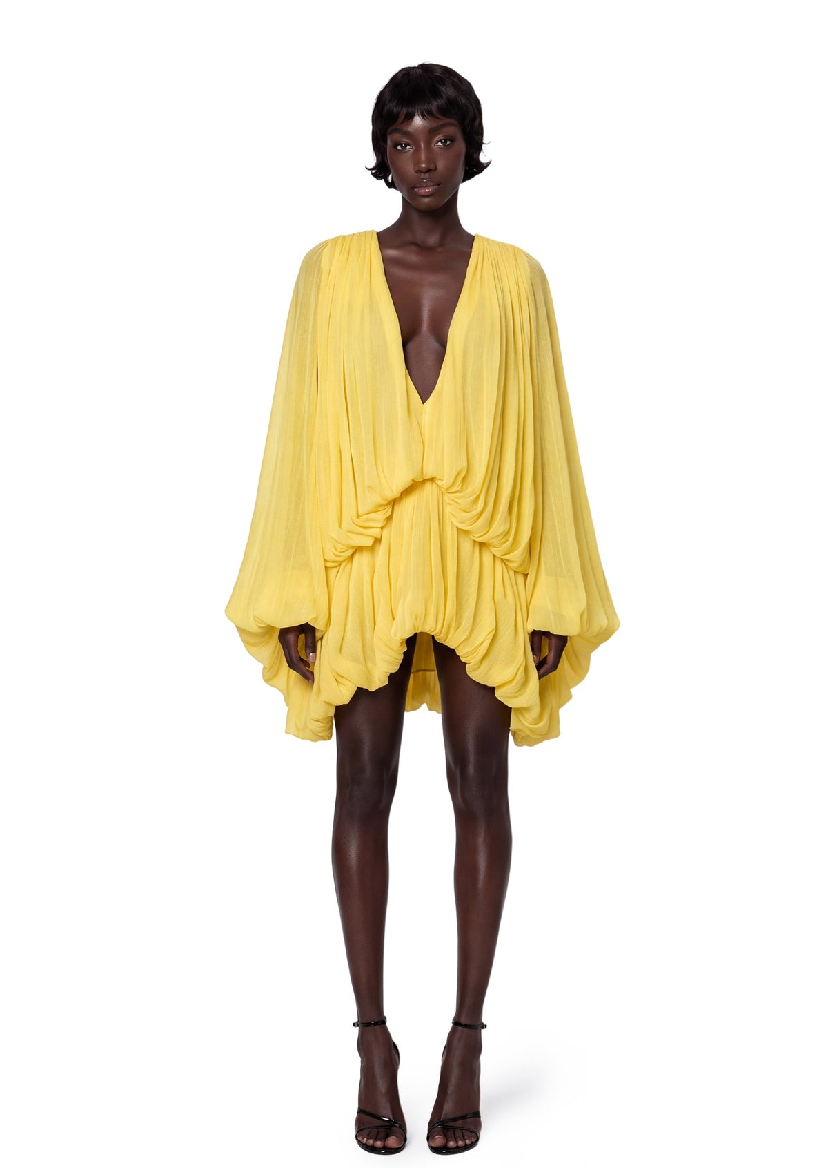 Maame Low Cut Puff Sleeve Mini Dress In Deep Yellow
