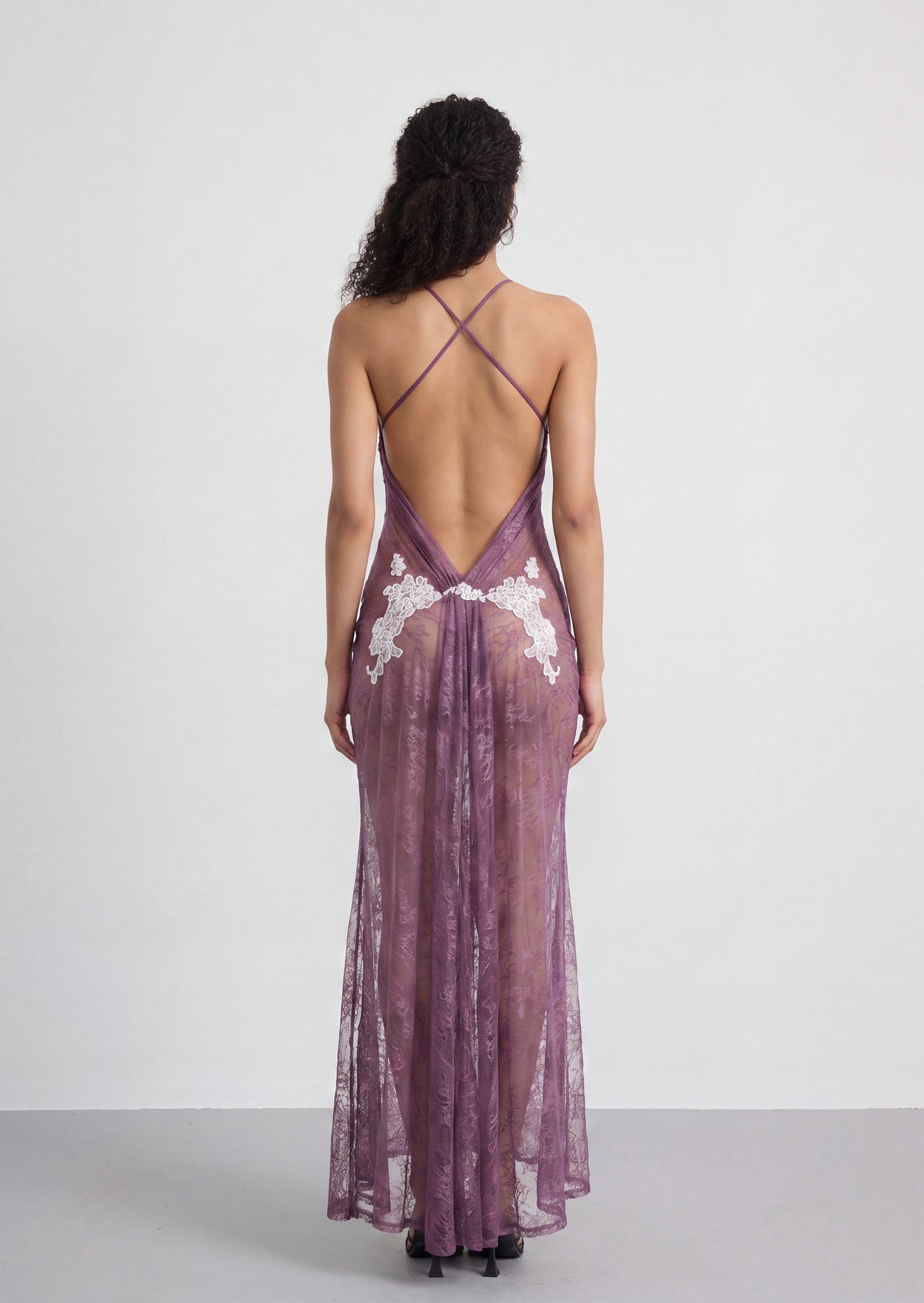 Antheia Sheer Lace Maxi Dress In Light Puple