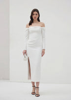 Solid Open Shoulders And Slit Midi Dress