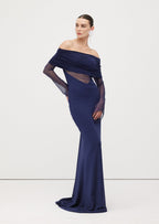 One Shoulder Slinky Ruched Maxi Dress-Blue