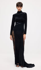 Semi-Sheer Lace Velvet Maxi Dress
