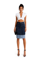 Caelus Denim Back Slit Midi Skirt In Blue