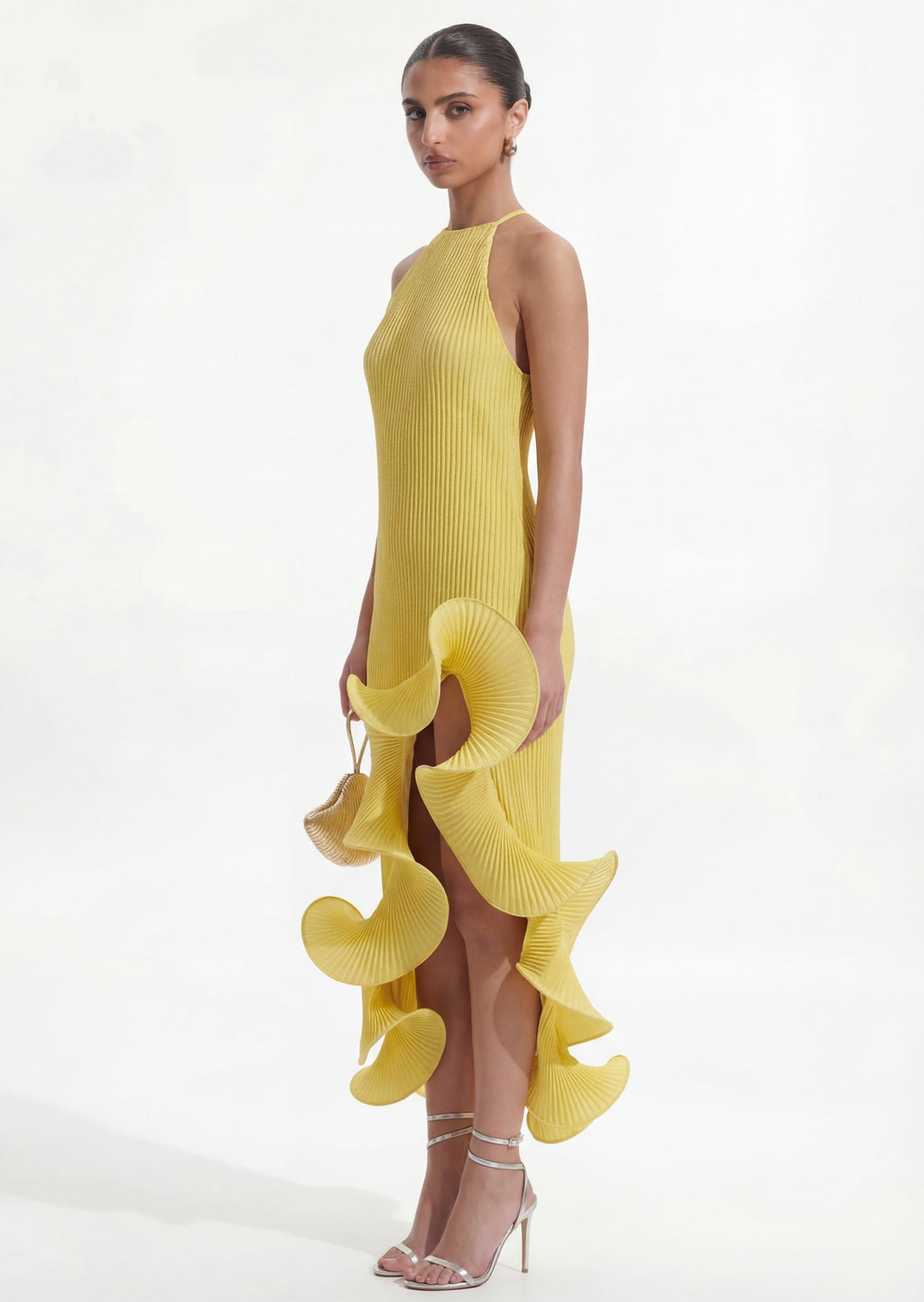 Pleated Sleeveless Irregular Ruffle Midi Dress In Yellow