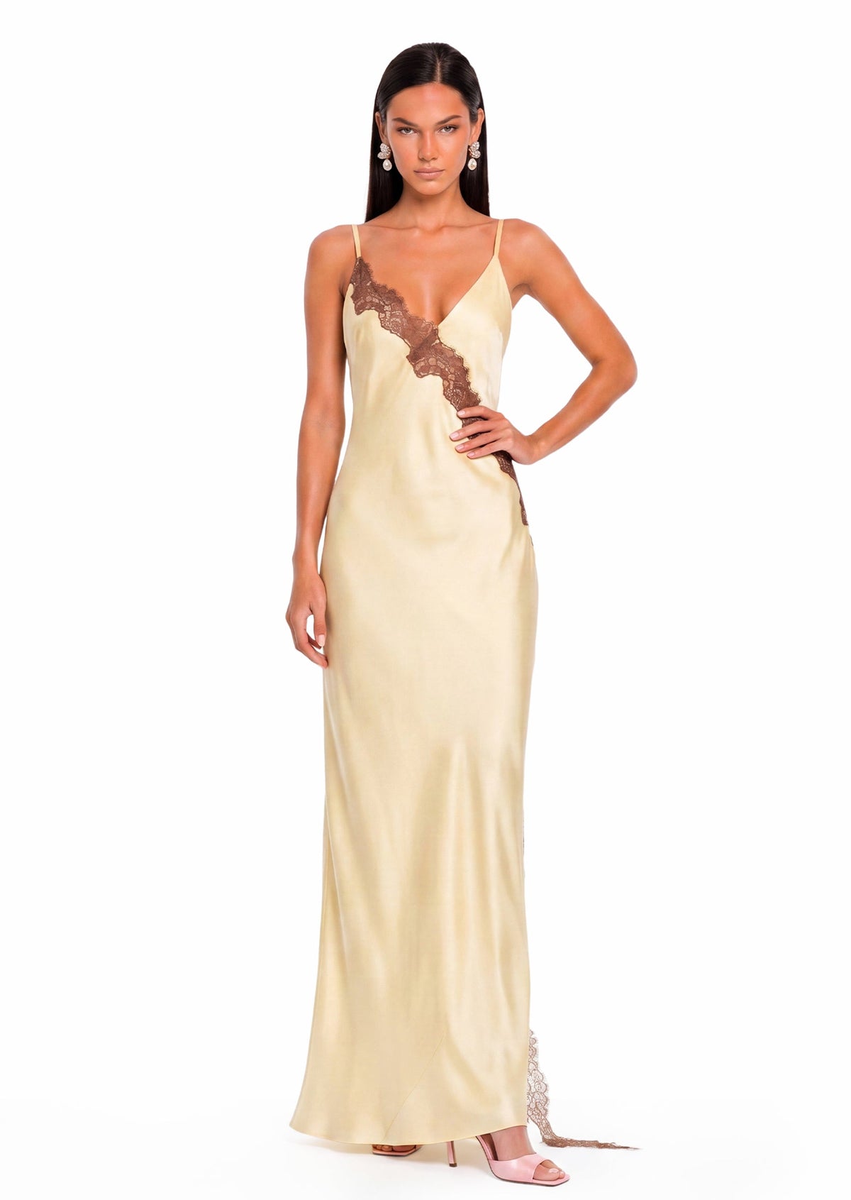 Dallin Satin Lace Dress With Lace Trim
