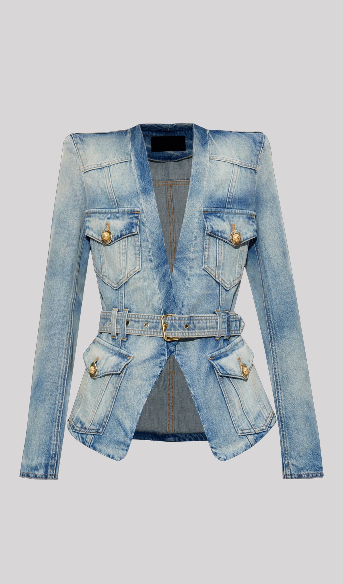 V Neck Blue Denim Jacket With Belt