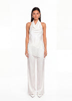 Wahkan Fringe Halter Top & Satin Pants Set In White