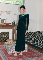 Long Sleeved Gathers  Maxi Dress In Dark Green