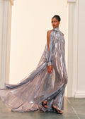 Silver Chiffon Lamé Maxi Dress With Halter Neck