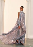 Silver Chiffon Lamé Maxi Dress With Halter Neck