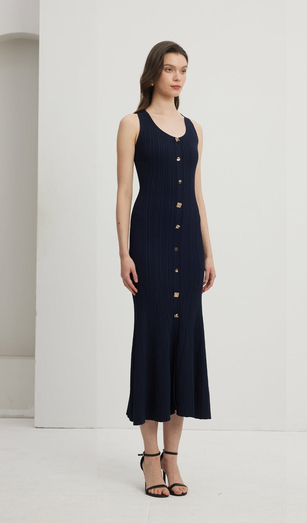 Metallic Button Knit Midi Dress