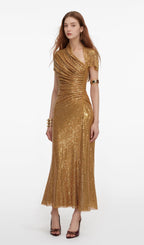 Gold Rhinestone Drape Midi Dress