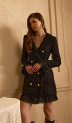 V Neck Tweed Slim Tassel Mini Dress
