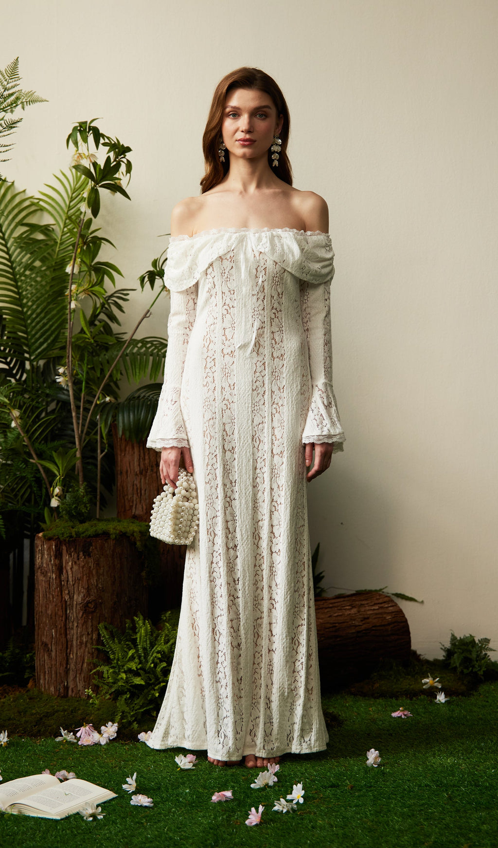 Vintage Floral Lace Off Shoulder Maxi Dress