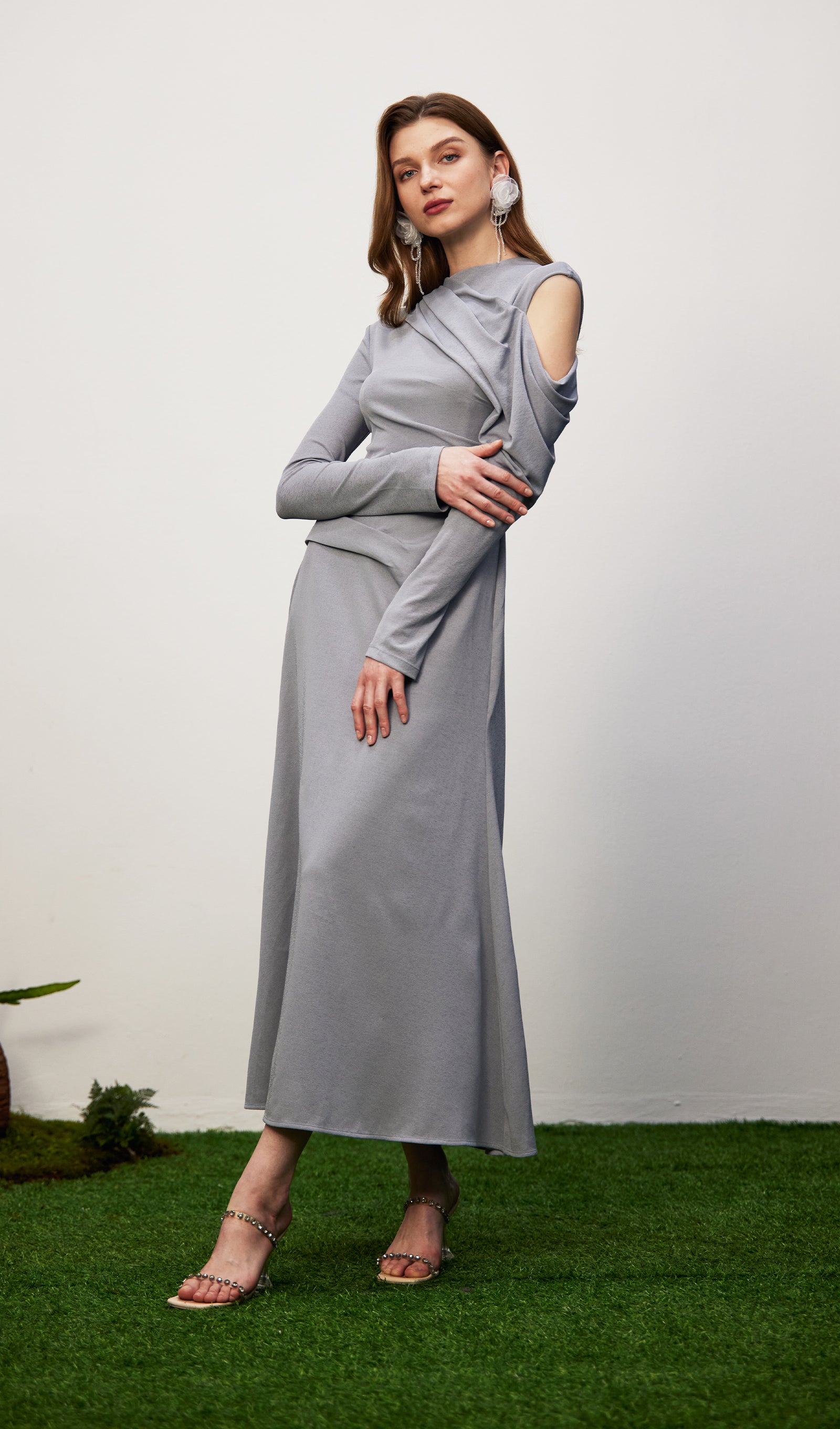 Solid Fitted Draped Maxi Dress