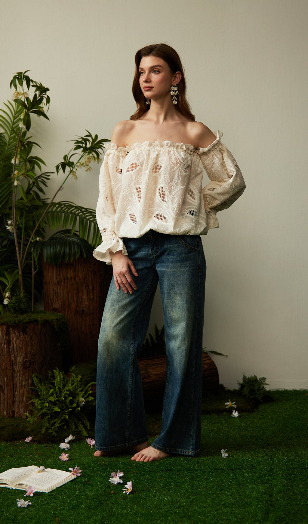 Off Shoulder Ruffled Hollow Out Top