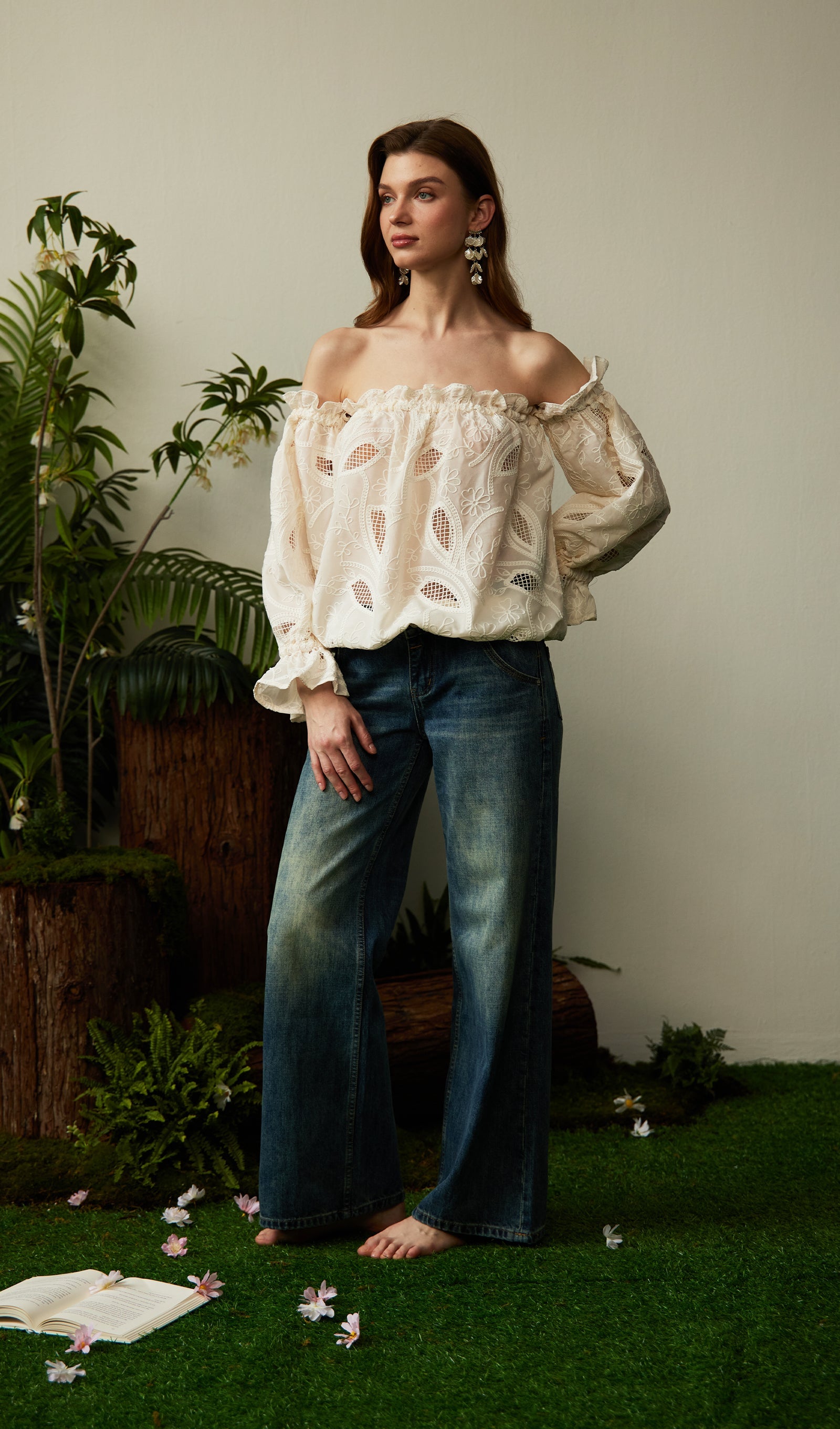 Off Shoulder Ruffled Hollow Out Top