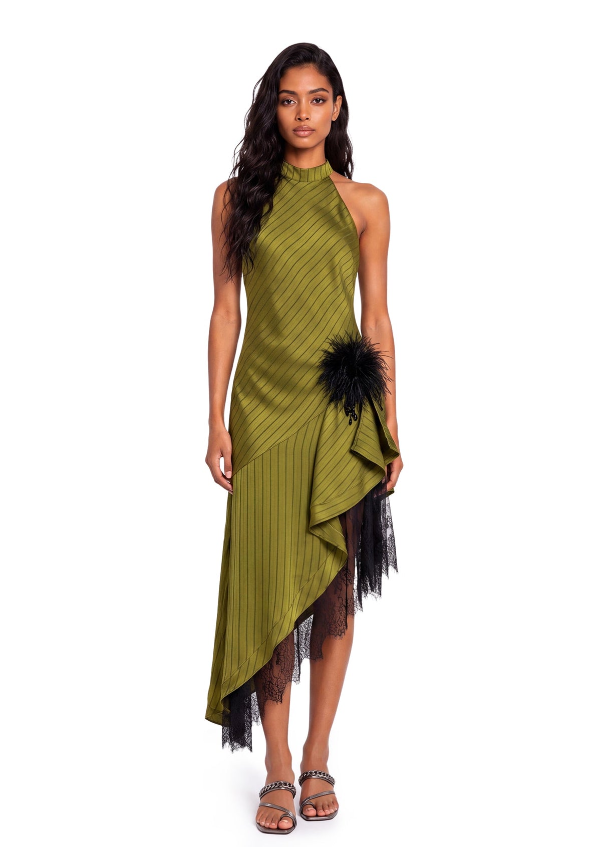 Walvia Satin Lace Sleeveless Midi Dress In Green