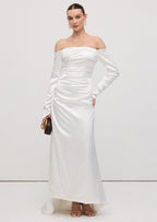 Satin Off Shoulder Ruched Maxi Dress