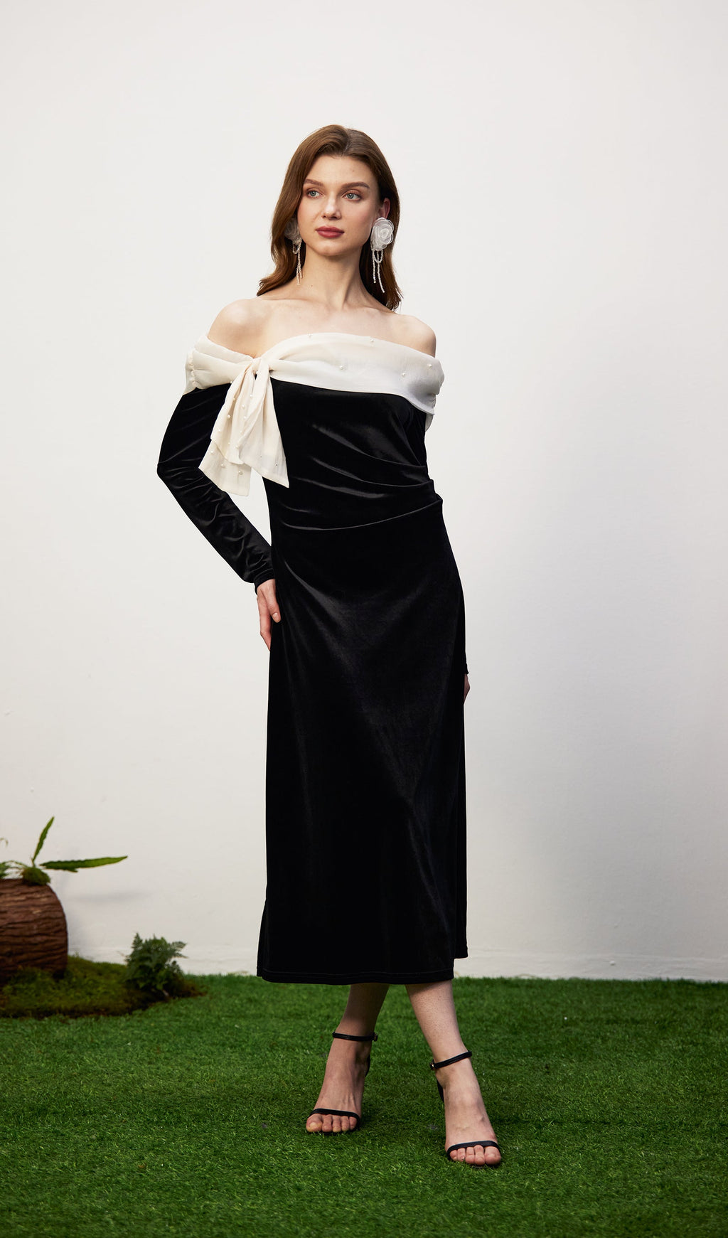Off Shoulder Pearl Lace Up Maxi Dress
