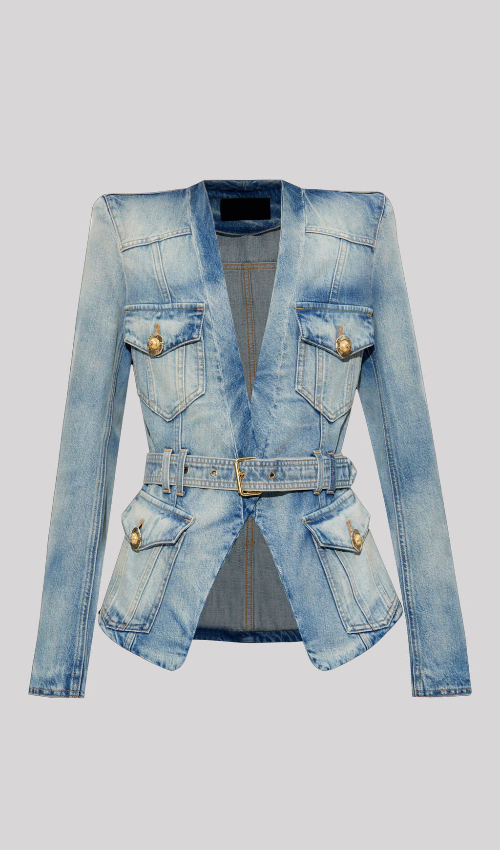 Solid V Neck Blue Denim Jacket With Belt