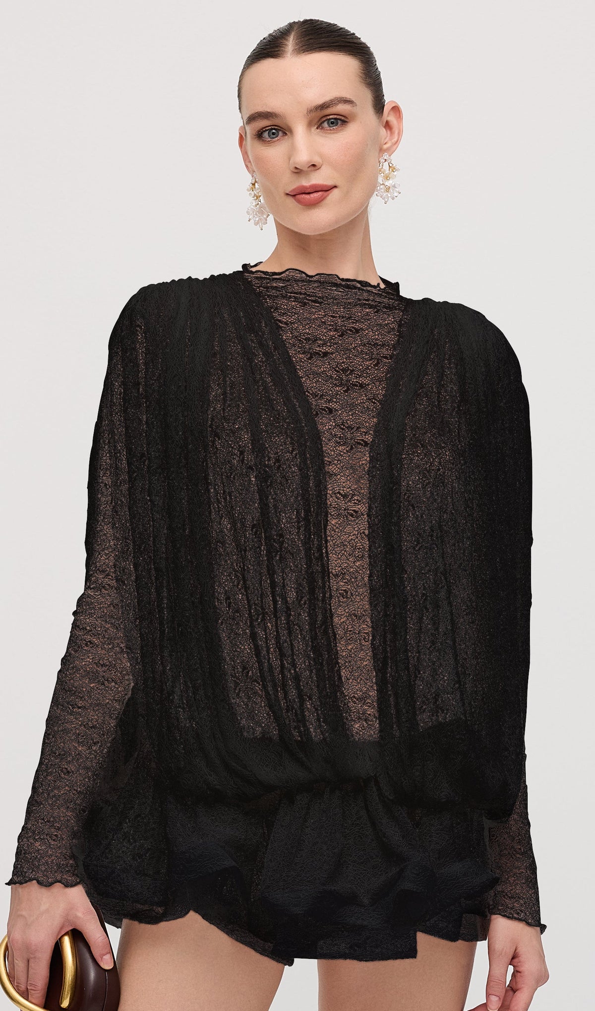 Lace Semi Sheer Ruffled Mini Dress In Black