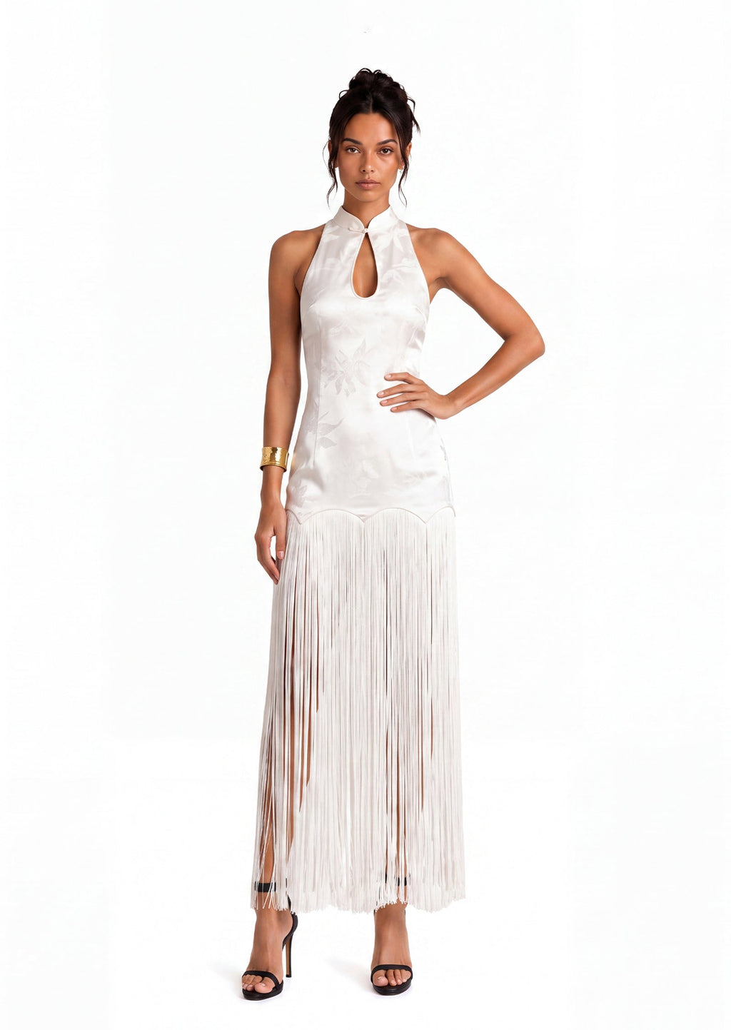 Kayoko Sleeveless Fringed Satin Midi Dress