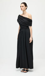 Black Off Shoulder Pleated Maxi Dress