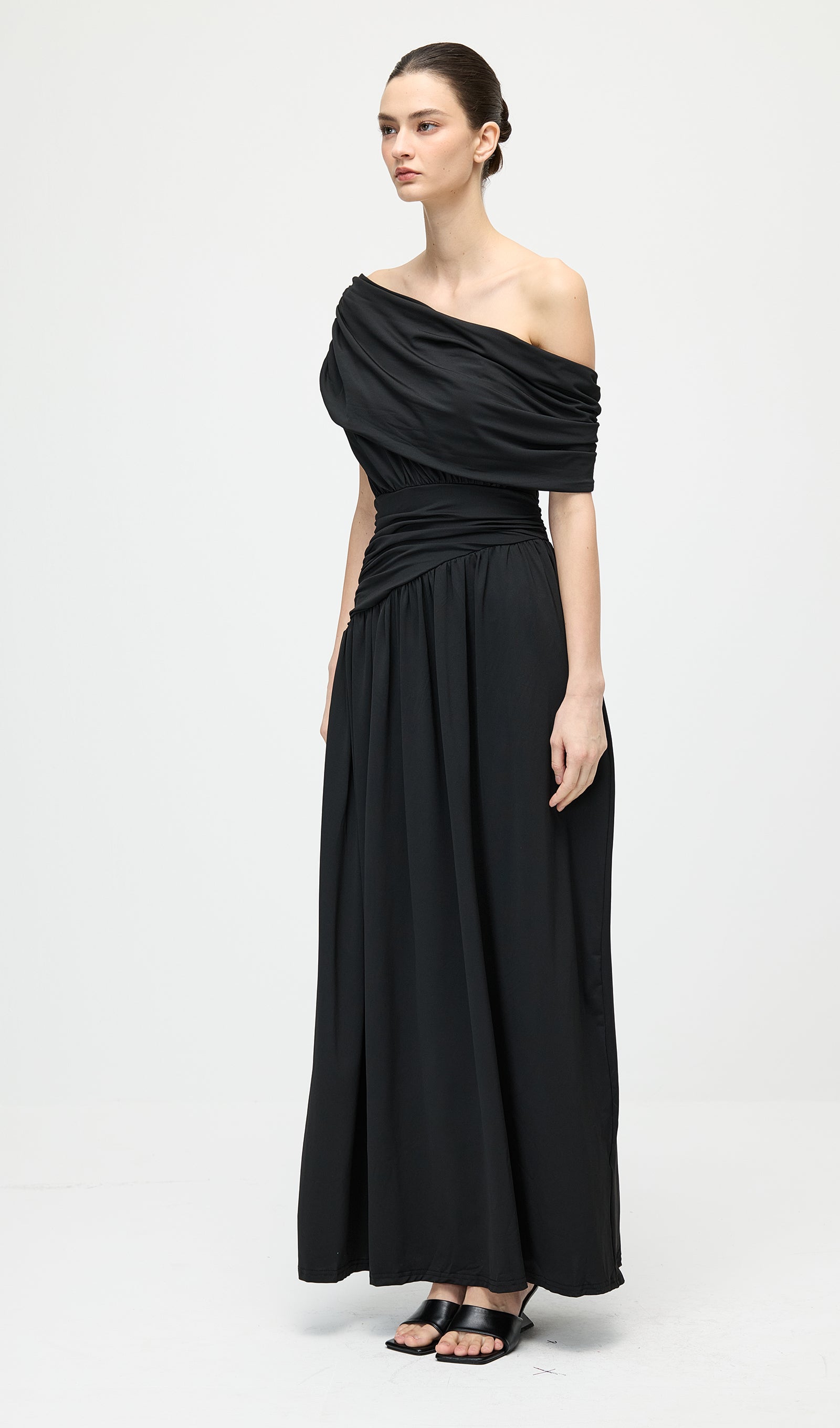 Black Off Shoulder Pleated Maxi Dress