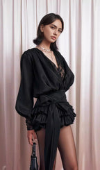 Lace Waist Panel Shirt Mini Dress In Black