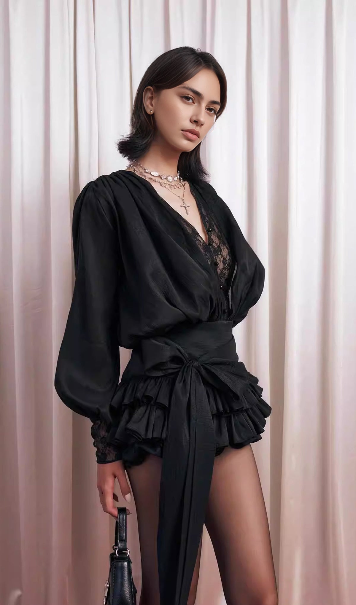 Lace Waist Panel Shirt Mini Dress In Black