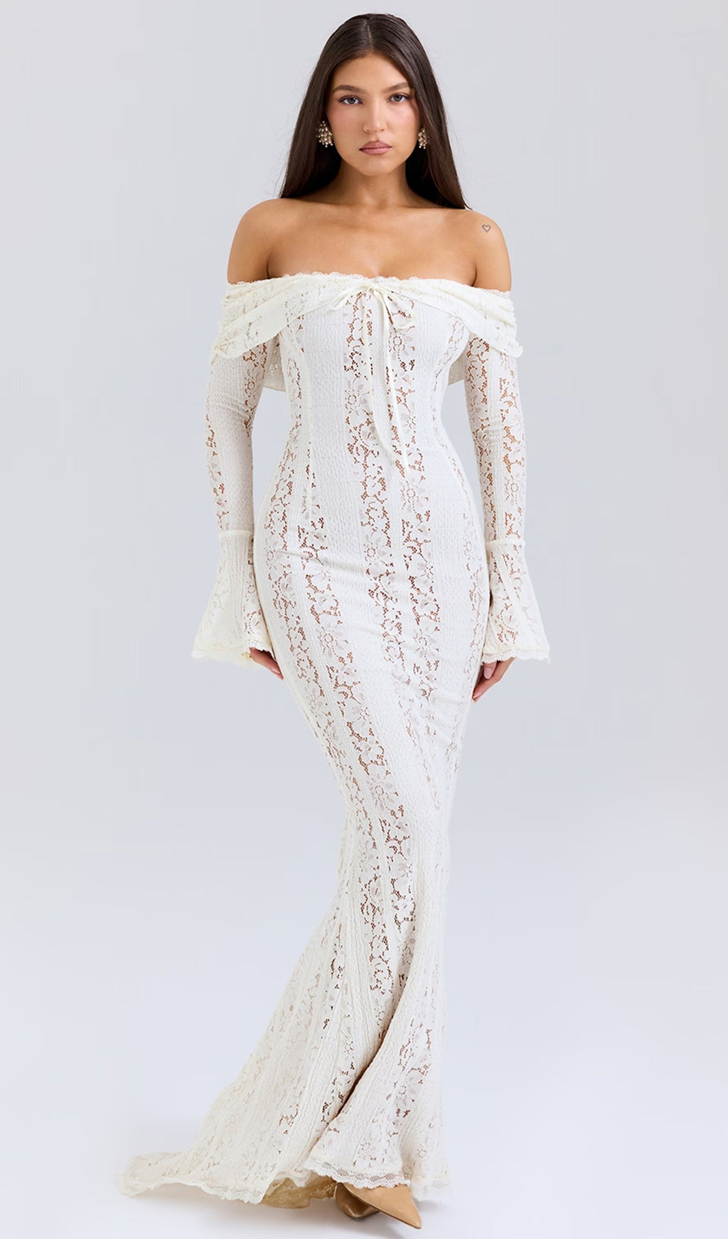 Vintage Floral Lace Off Shoulder Maxi Dress