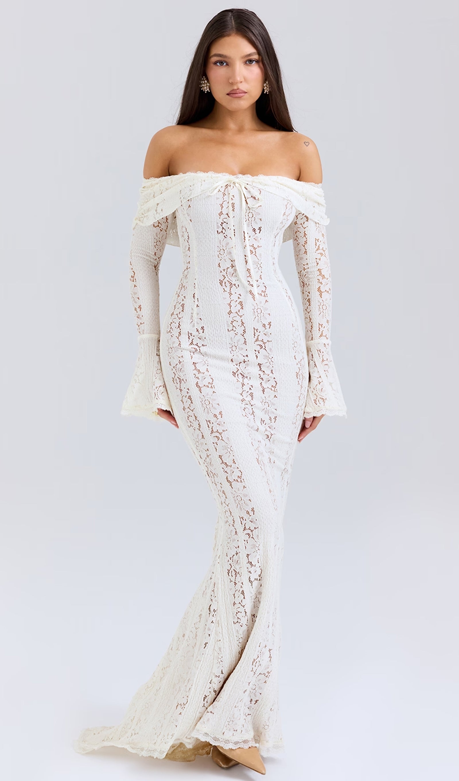 Vintage Floral Lace Off Shoulder Maxi Dress