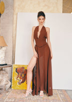 Jacobean Halter Neck Ruffle Midi Dress