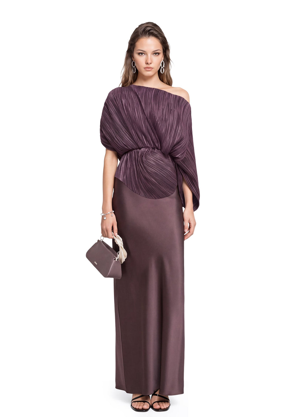 Quang One Shoulder Top & Satin Midi Skirt Set