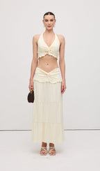 Halter Top & Twist Ruffled Maxi Skirt Sets White