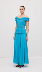 Solid Tiered Pleated Strapless Gown Maxi Dress