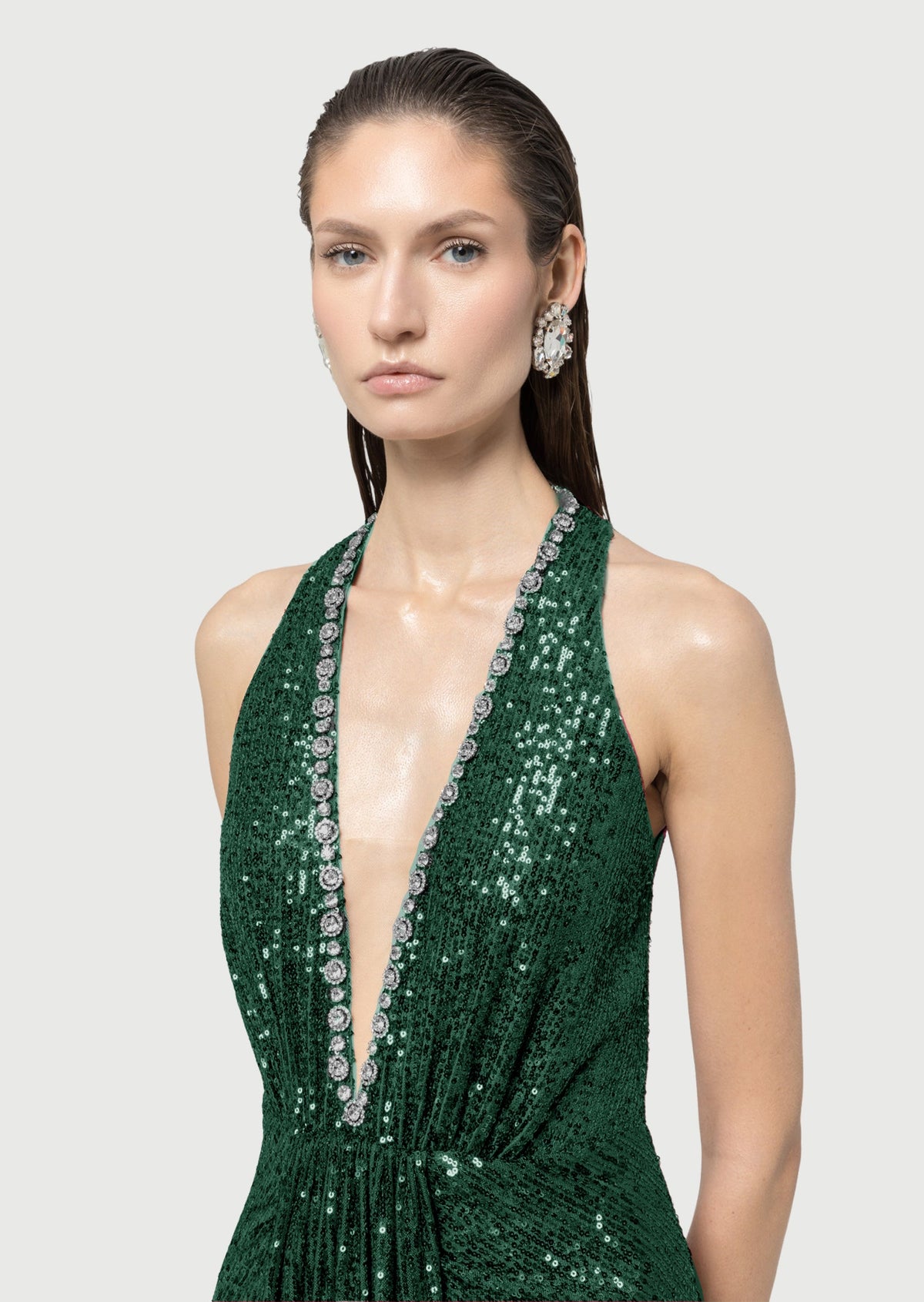 Sequined Halterneck Maxi Dress In Green
